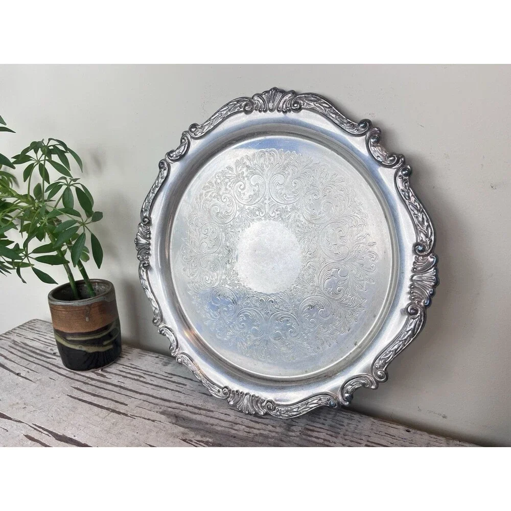 Vintage MCM Sheridan Silver Co Ornate Border Round Silver Plated Tray 12”